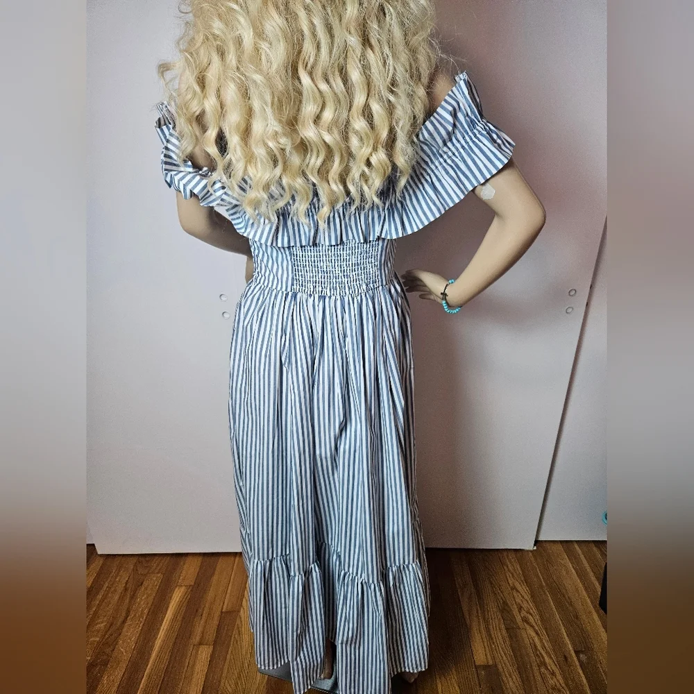 Abercrombie & Fitch Blue White StripedOff-the-Shoulder Maxi Dress Small Tall